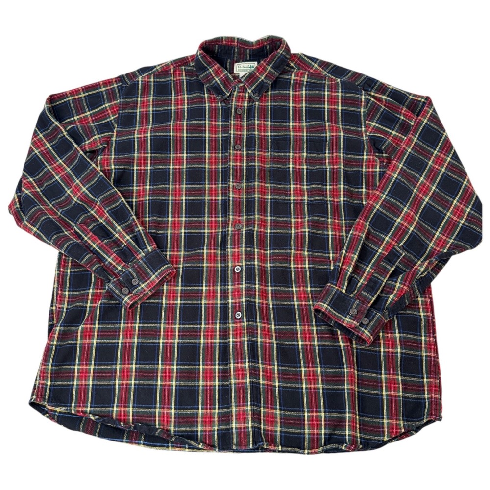 LL Bean Mens XL Regular Plaid Flannel Button Down Shirt Black Red 228061